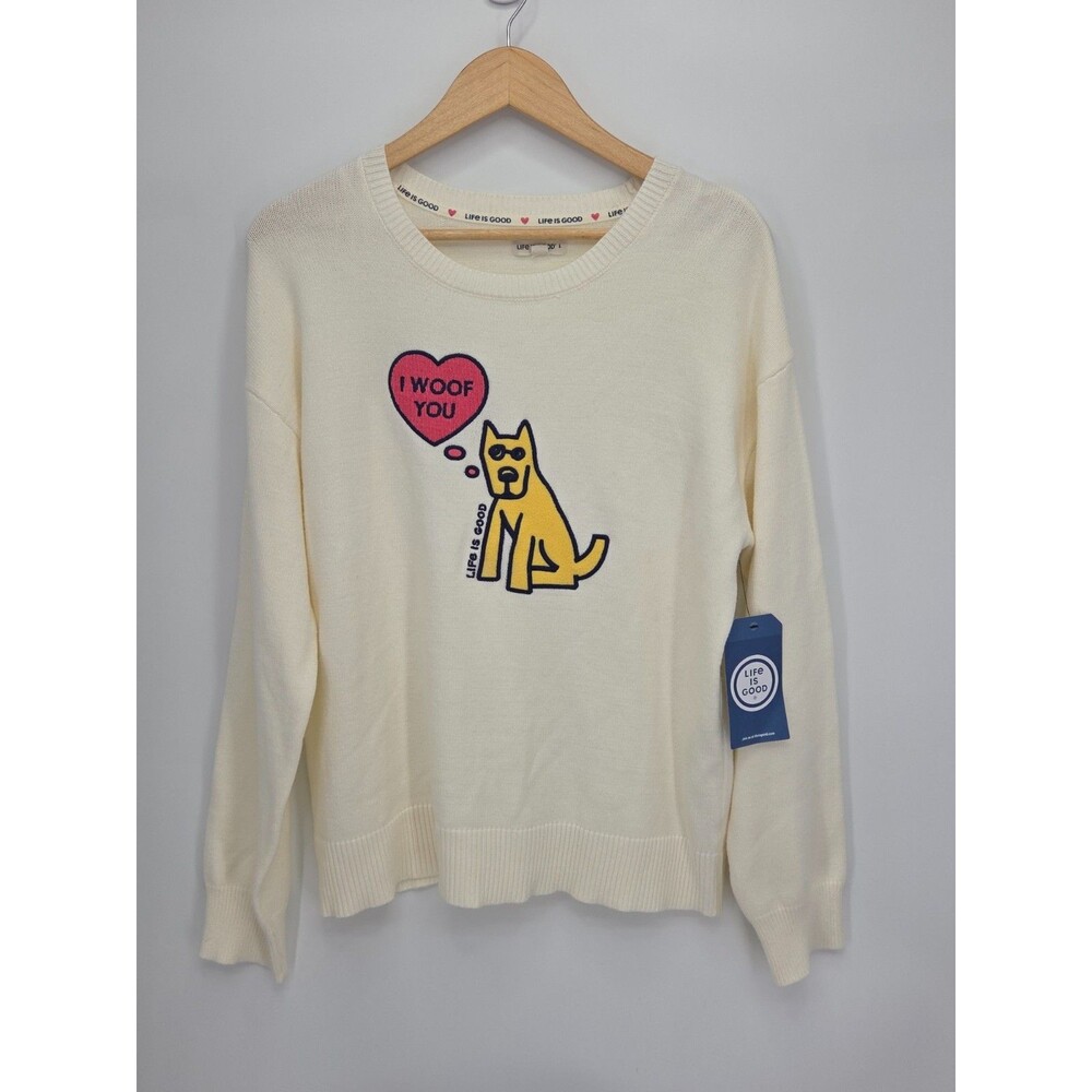 New Life is Good I Woof You Embroidered Dog Crewneck Sweater Cream Size Large